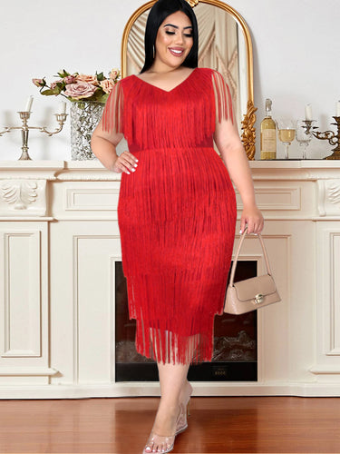 Red Tassel V Neck Sleeveless High Waist Fringe