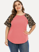 Women Tunic T Shirt Ladies Loose Leopard Spliced Tops Short