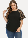 Women Tunic T Shirt Ladies Loose Leopard Spliced Tops Short