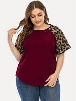 Women Tunic T Shirt Ladies Loose Leopard Spliced Tops Short