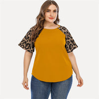 Women Tunic T Shirt Ladies Loose Leopard Spliced Tops Short