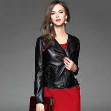 Load image into Gallery viewer, Autumn Ladies Motorcycle Leather Jacket Turn down Collar