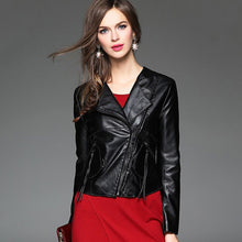 Load image into Gallery viewer, Autumn Ladies Motorcycle Leather Jacket Turn down Collar