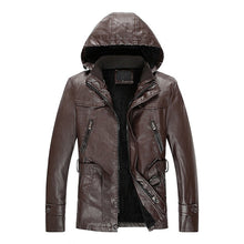 Load image into Gallery viewer, Pop Men PU Leather Thick Hooded Motorcycle