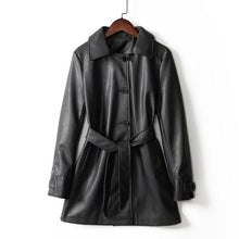 Load image into Gallery viewer, Pop New Long Pu Leather Jacket Waist Belt Loose Mid long Leather Coat