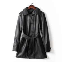 Load image into Gallery viewer, Pop New Long Pu Leather Jacket Waist Belt Loose Mid long Leather Coat