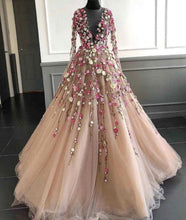 Load image into Gallery viewer, Pretty Champagne Evening Dresses With Illusion Full Sleeves Coloful 3D