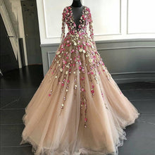 Load image into Gallery viewer, Pretty Champagne Evening Dresses With Illusion Full Sleeves Coloful 3D
