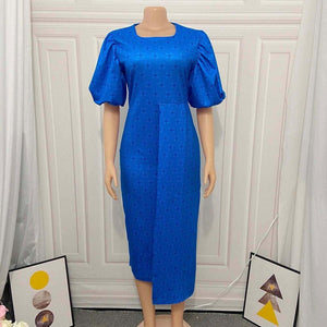 Puff Sleeves Bodycon Office Dresses Women Plus Size Blue Print Elegant - Sophornlilly