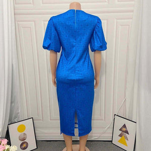 Puff Sleeves Bodycon Office Dresses Women Plus Size Blue Print Elegant - Sophornlilly