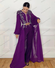 Load image into Gallery viewer, Purple Long Sleeves Moroccan Kaftan Evening Dresses Applique Beading