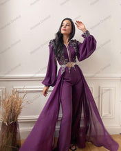 Load image into Gallery viewer, Purple Long Sleeves Moroccan Kaftan Evening Dresses Applique Beading