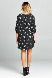 3/4 Sleeve Floral Print Waist Tie Dress