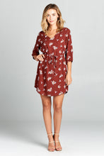 Load image into Gallery viewer, Rust Floral Print Dress with Tie - Sophornlilly
