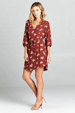 Load image into Gallery viewer, Rust Floral Print Dress with Tie - Sophornlilly