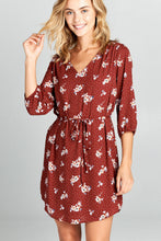 Load image into Gallery viewer, Rust Floral Print Dress with Tie - Sophornlilly