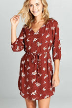Load image into Gallery viewer, Rust Floral Print Dress with Tie - Sophornlilly