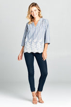 Load image into Gallery viewer, 3/4 SLEEVE STRIPED EMBROIDERED TOP