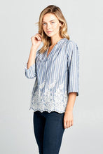 Load image into Gallery viewer, 3/4 SLEEVE STRIPED EMBROIDERED TOP