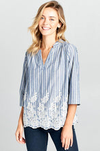 Load image into Gallery viewer, 3/4 SLEEVE STRIPED EMBROIDERED TOP