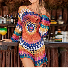 Load image into Gallery viewer, Rainbow Knit Sunscreen Skirt Dress Crochet Bikini Cover Up With Fringe - Sophornlilly