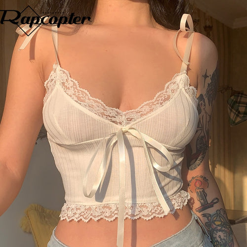 Lace Trim Crop Top White Bow