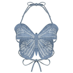 Butterfly Jeans Crop Top Backless Strap Cami Sexy Blue