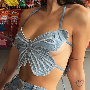 Butterfly Jeans Crop Top Backless Strap Cami Sexy Blue