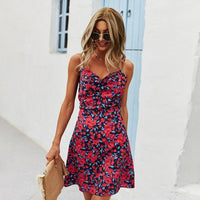 Red Flower Elegant Lady Sexy Sling V neck Open Back Dress Summer