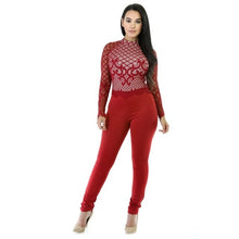 Load image into Gallery viewer, Red Lace Patchwork Elegant One Piece Overalls Women Turtleneck Full - Sophornlilly