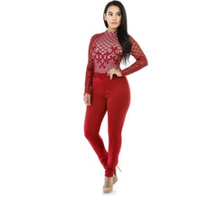 Load image into Gallery viewer, Red Lace Patchwork Elegant One Piece Overalls Women Turtleneck Full - Sophornlilly