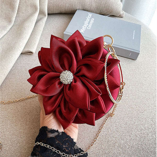 Red flower Clutch Purse  Women Round  Evening Bag Crystal Diamond