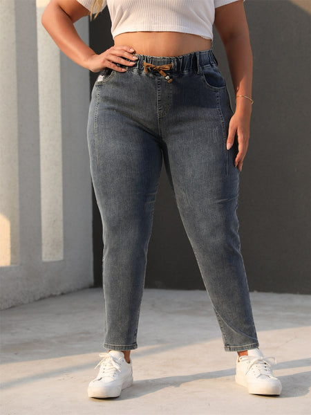 Ripped Jeans Women High Waist Plus Size Drawstring Full Length Denim