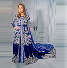 Load image into Gallery viewer, Royal Bule Velour Moroccan Kaftan Evening Dress Plus Size Silver