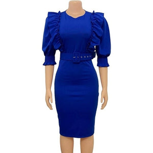 Ruffles Blue Bodycon Office Dress Women Summer Solid Short Sleeve - Sophornlilly