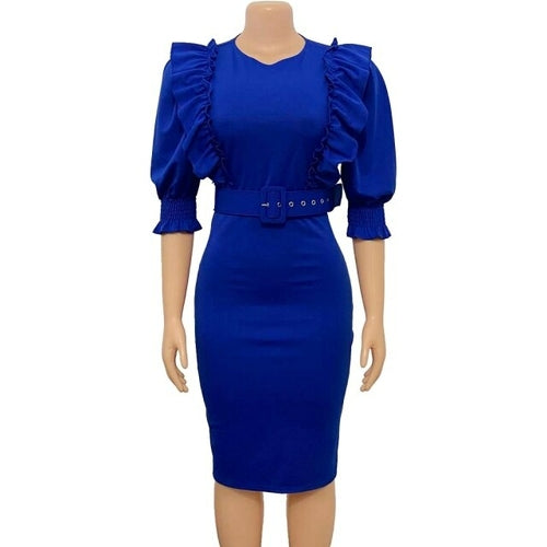 Ruffles Blue Bodycon Office Dress Women Summer Solid Short Sleeve - Sophornlilly