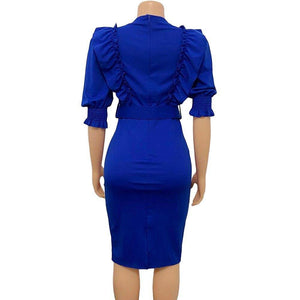 Ruffles Blue Bodycon Office Dress Women Summer Solid Short Sleeve - Sophornlilly