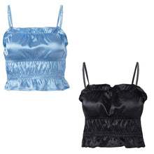 Load image into Gallery viewer, Ruffles Satin Tops Women Summer Black Backless Blue Camisole Vest