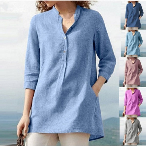 Women Blouses Cotton Linen Shirt Loose Basic Style Solid Summer