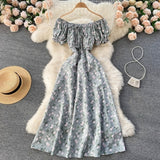 Summer French Floral Dress Women Sweet Sexy Slash Neck Off