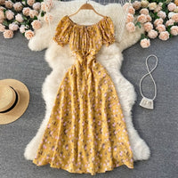 Summer French Floral Dress Women Sweet Sexy Slash Neck Off