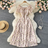 Summer French Floral Dress Women Sweet Sexy Slash Neck Off