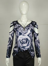 Load image into Gallery viewer, Graphic Tee Woman Tshirt Rose Printed Long Sleeve  Zipper V
