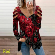 Load image into Gallery viewer, Graphic Tee Woman Tshirt Rose Printed Long Sleeve  Zipper V
