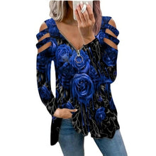 Load image into Gallery viewer, Graphic Tee Woman Tshirt Rose Printed Long Sleeve  Zipper V
