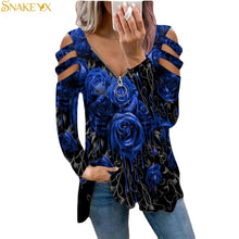 Load image into Gallery viewer, Graphic Tee Woman Tshirt Rose Printed Long Sleeve  Zipper V