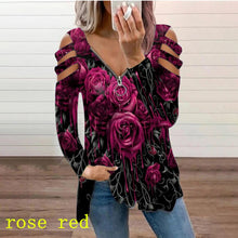 Load image into Gallery viewer, Graphic Tee Woman Tshirt Rose Printed Long Sleeve  Zipper V
