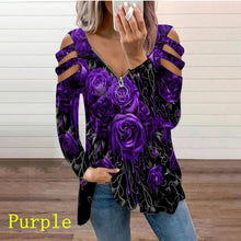 Load image into Gallery viewer, Graphic Tee Woman Tshirt Rose Printed Long Sleeve  Zipper V