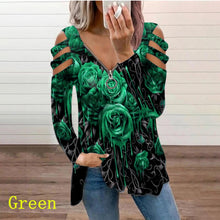 Load image into Gallery viewer, Graphic Tee Woman Tshirt Rose Printed Long Sleeve  Zipper V