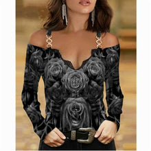 Load image into Gallery viewer, T-shirt  Metal Shoulder Strap Long sleeved  Lace Rose